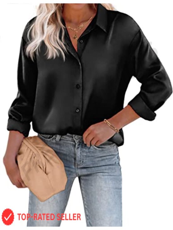 Tops - Satin Silk Blouse Button Down Shirt Long Sleeve Loose Tunic